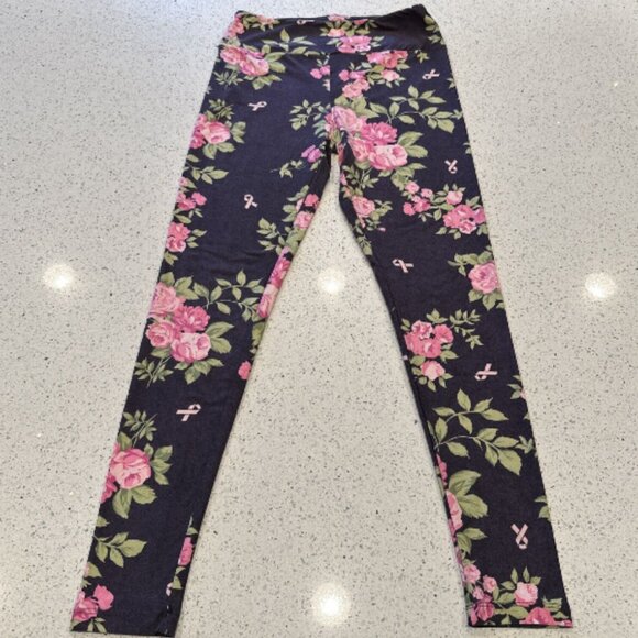 Lularoe Leggings OS Pink Roses Ribbon on Purple Breast Cancer Awareness BCA RARE - Picture 3 of 6